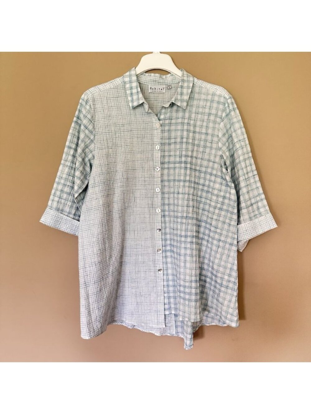 Habitat Women M Crinkle 3/4 Sleeve Button Back Shirt Blue Tunic Top Mixed Plaid